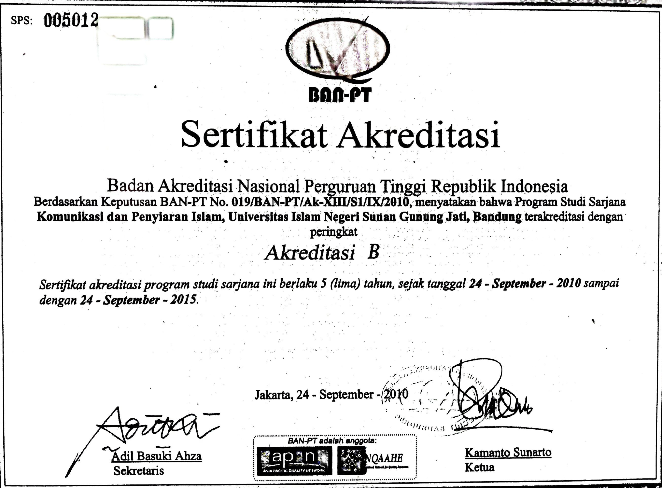 SERTIFIKAT AKREDITASI KPI 2010-2015